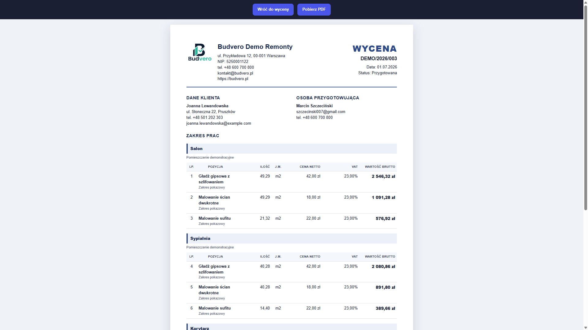 Budvero — podgląd oferty PDF